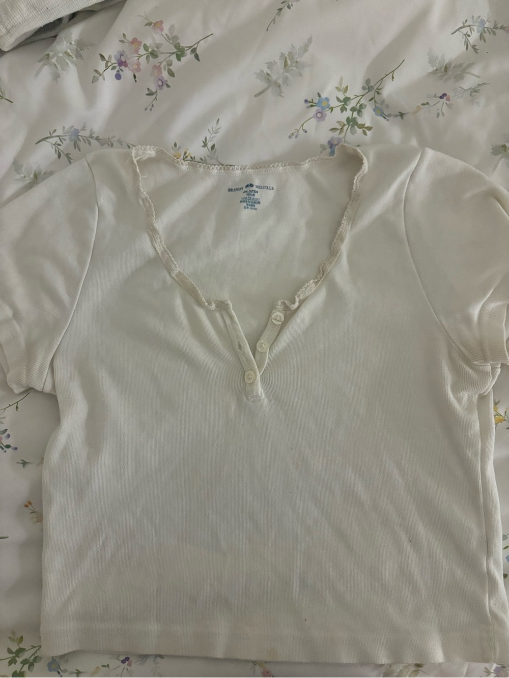 Brandy Melville: Cream Lace-Trim Henley Short Sleeve Top